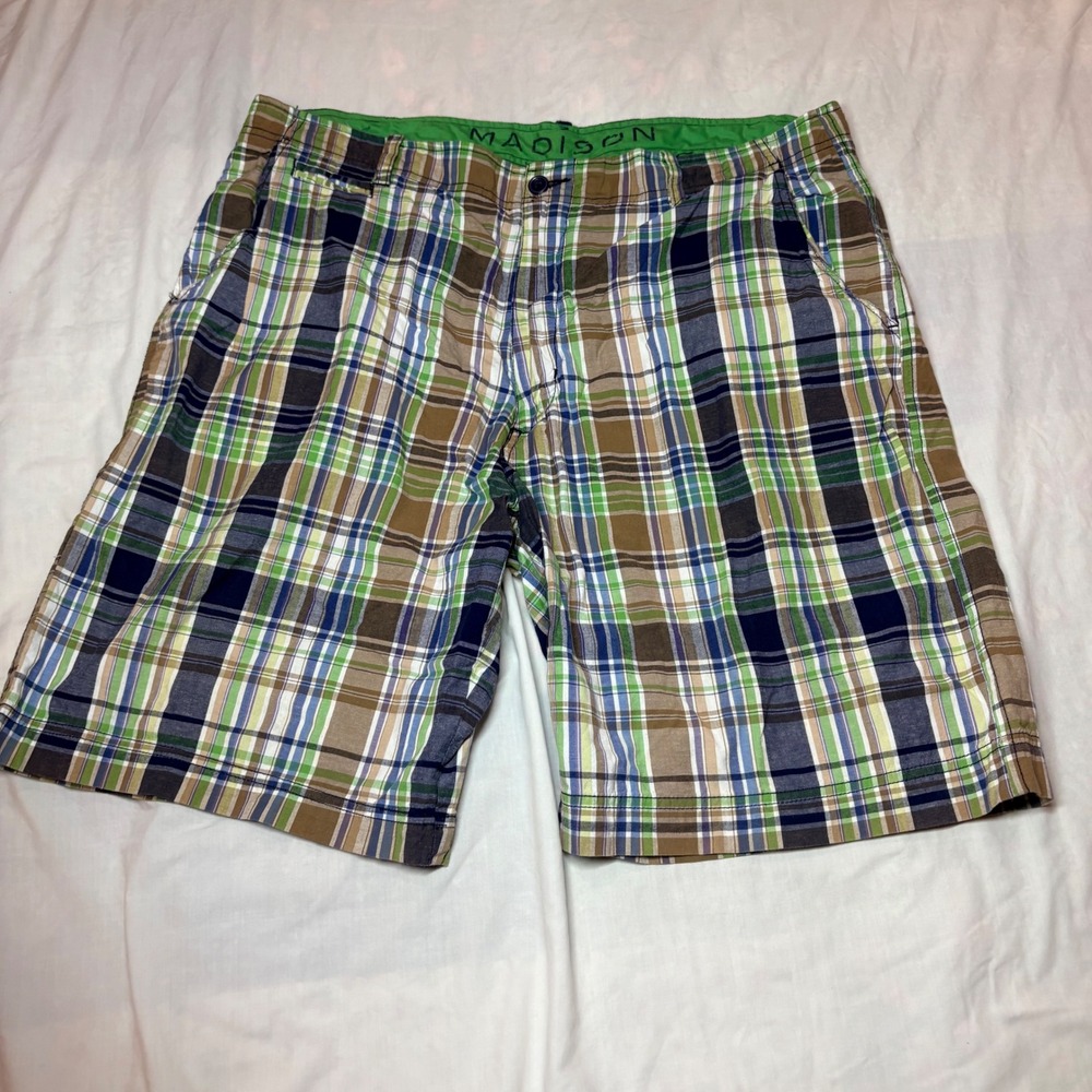Madison Mens Plaid Shorts Size 38 Green Navy Blue Brown Cotton Flat Front Summer